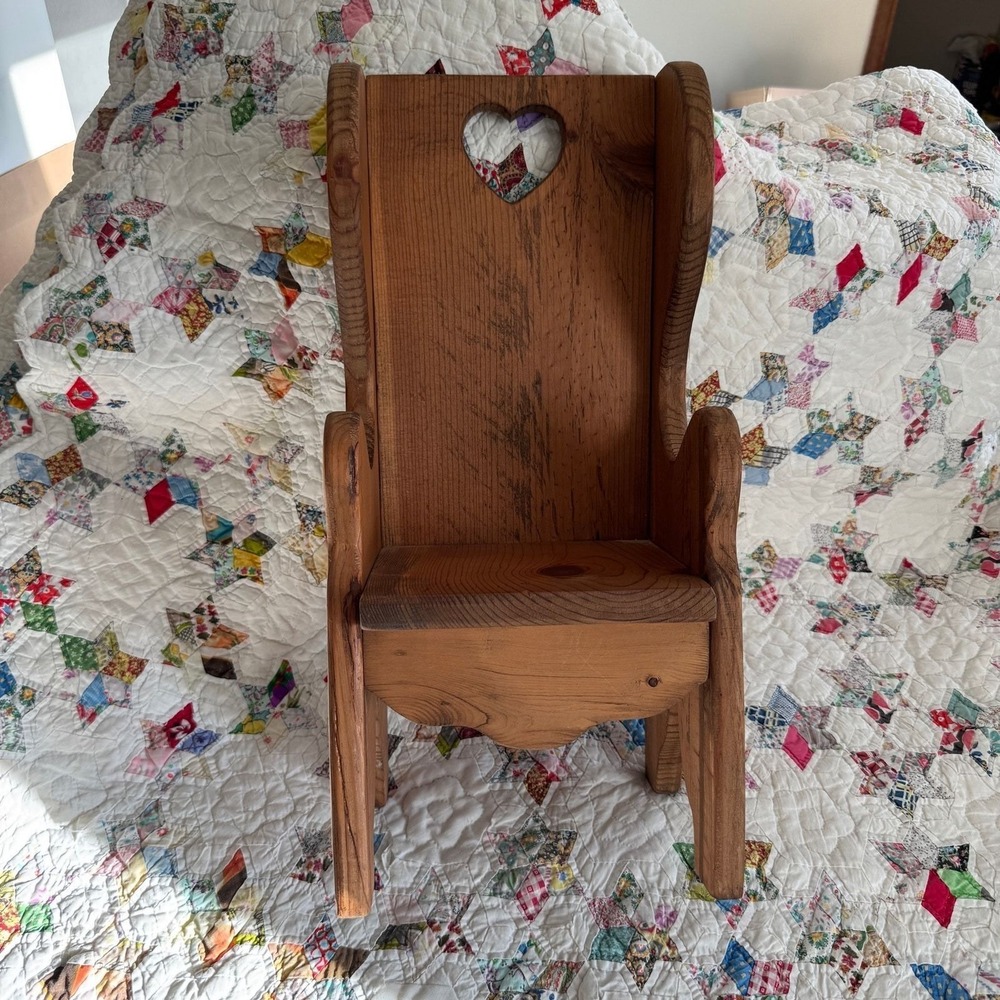 Vintage Rustic Wooden Doll Chair Heart Cutout Folk Art Primitive Decor 19 Inch